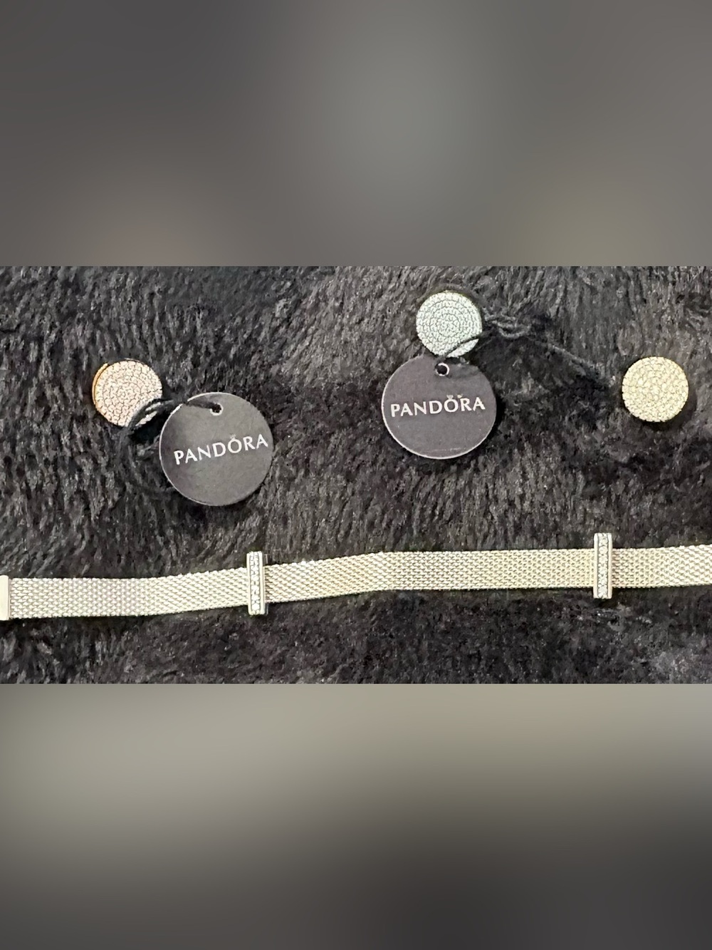 Pandora Reflexions Silver Mesh Bracelet-Three Clip Charms and Two NWT Charms